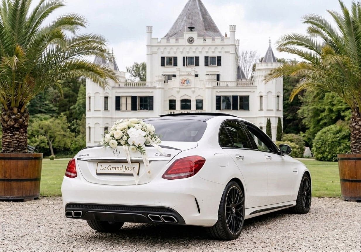 Witte Mercedes-AMG C63 S van achteren met bloemwerk op de kofferbak, voor een wit kasteel
